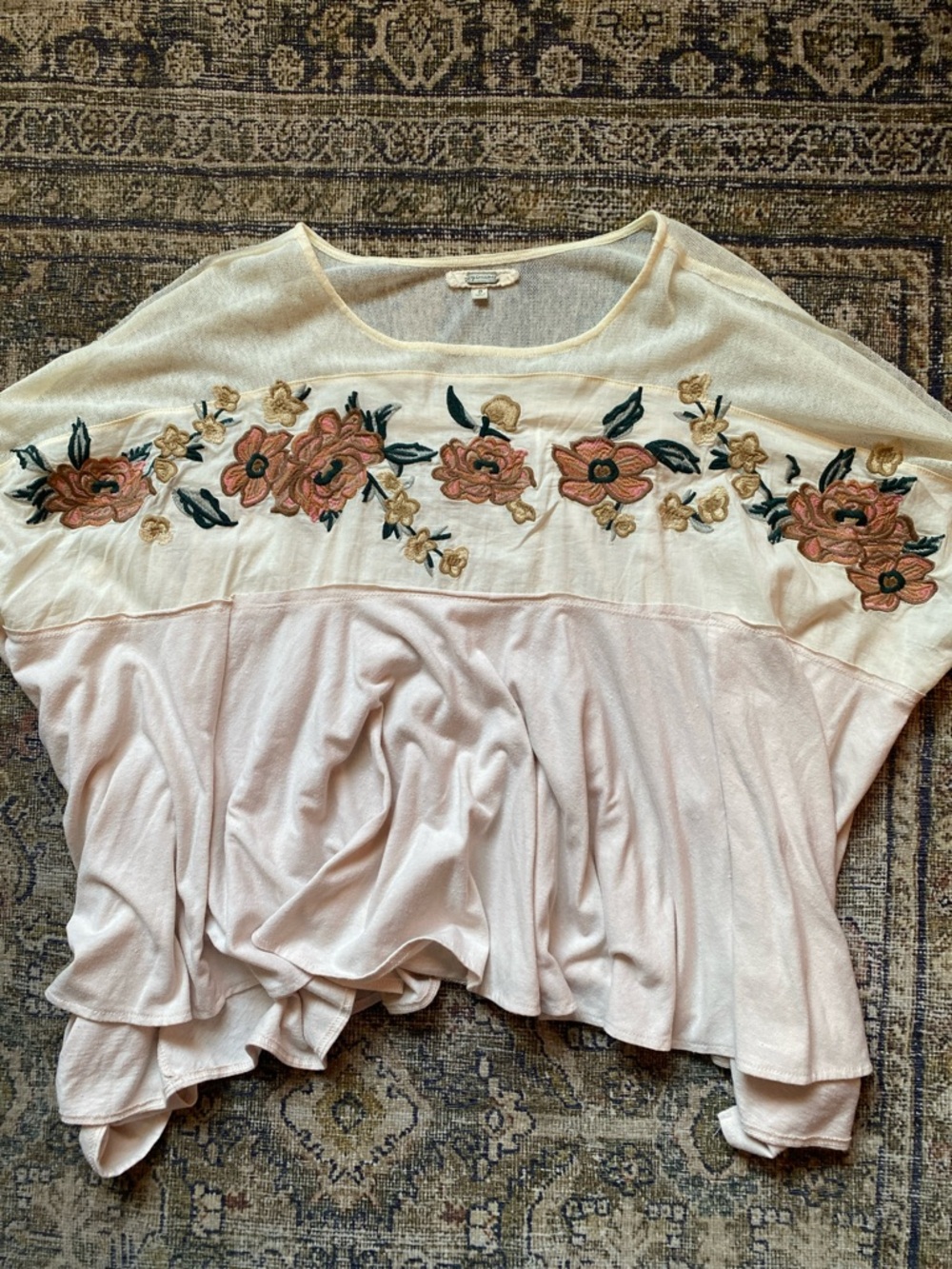 gimmicks by BKE Pink and Cream Embroidered Floral Yoke Tunic